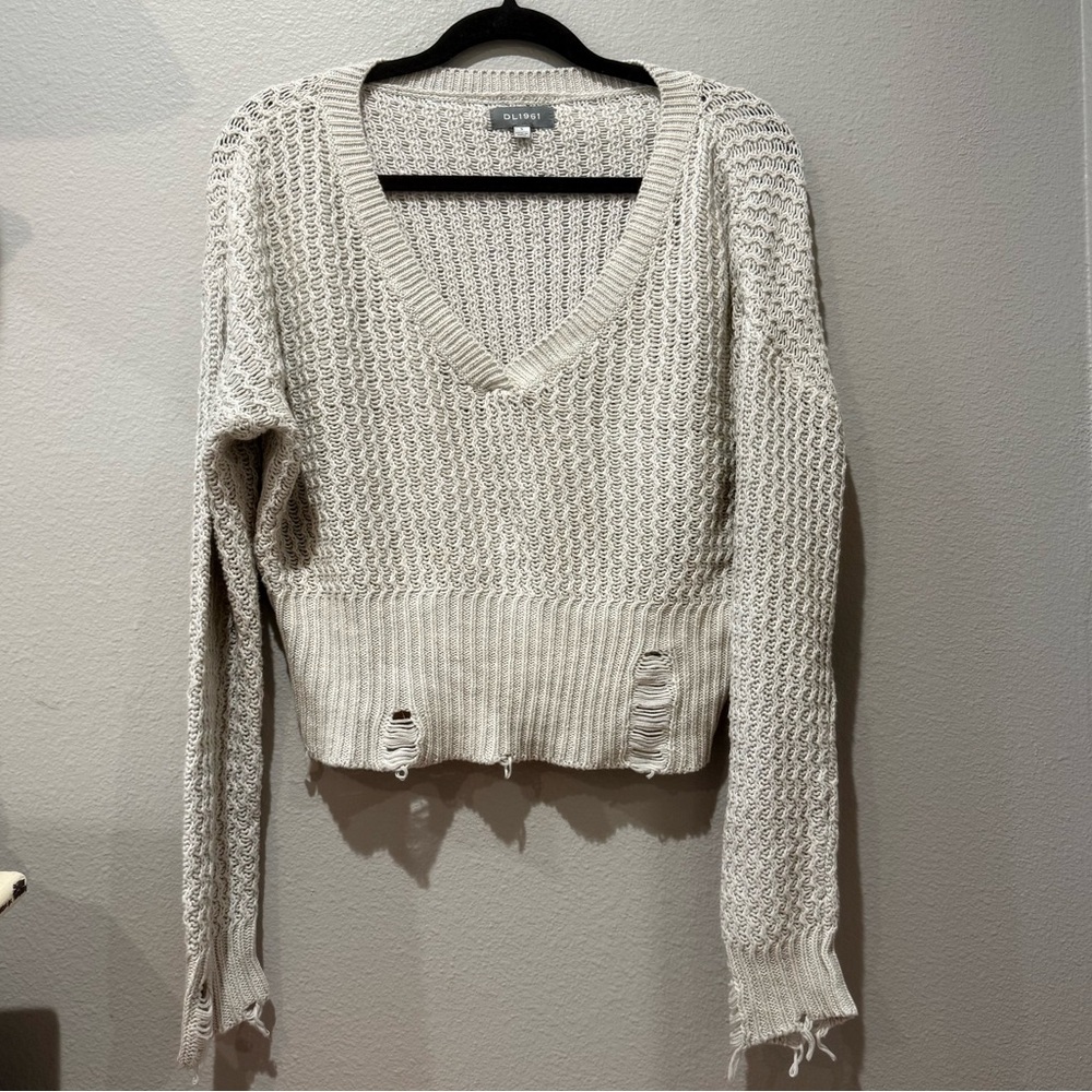 DL1961 Cropped Distressed Knit Sweater Beige Women’s Size Small